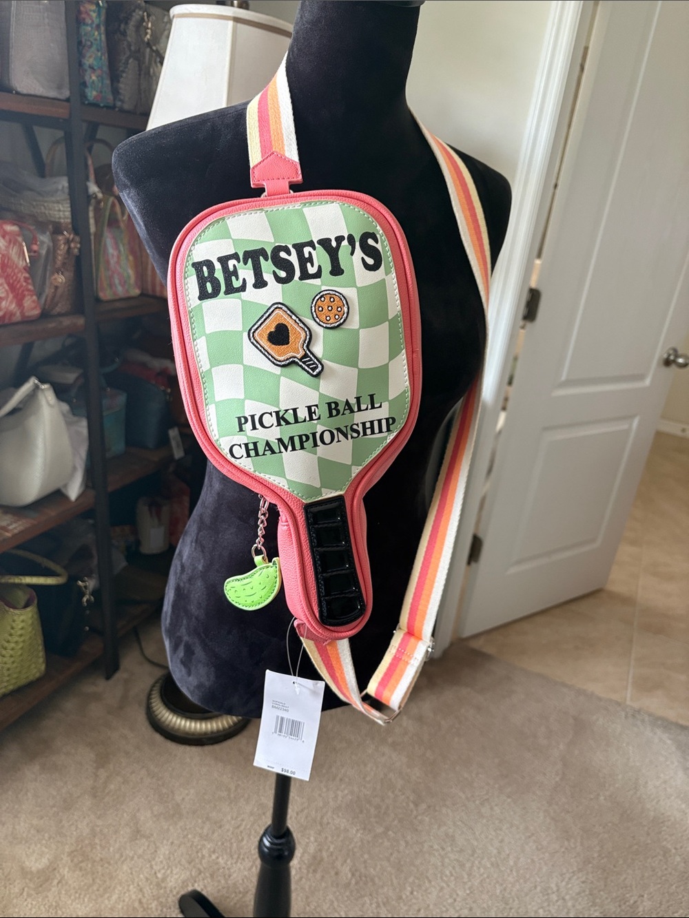 Betsey Johnson Pink & Green Pickleball Paddle Crossbody Bag with Striped Strap - Picture 3 of 8